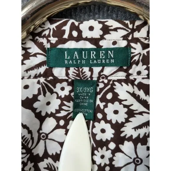 LRL Ralph Lauren Poplin Top Womens 3X Brown Floral Button Up Dress Shirt - Picture 2 of 10